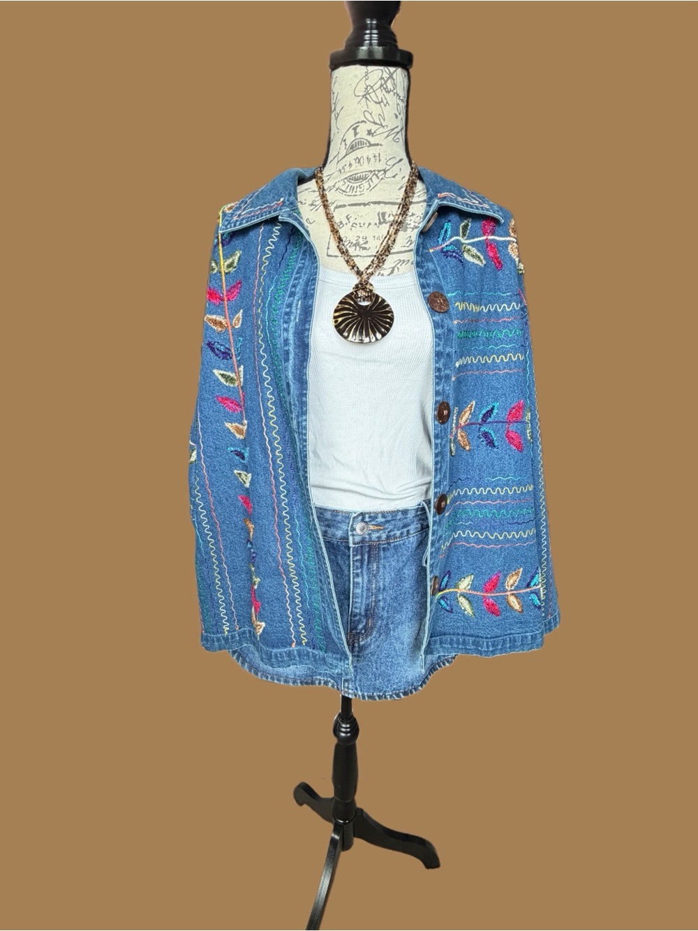 Embroidered Blue Denim Jacket With Colorful Leaf Motif
